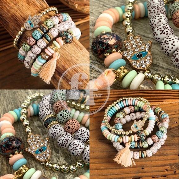 Hamsa Hand of Fatima Evil Eye Pastel Candy Colored Stackable Amulet Bracelet Set - Picture 1 of 9